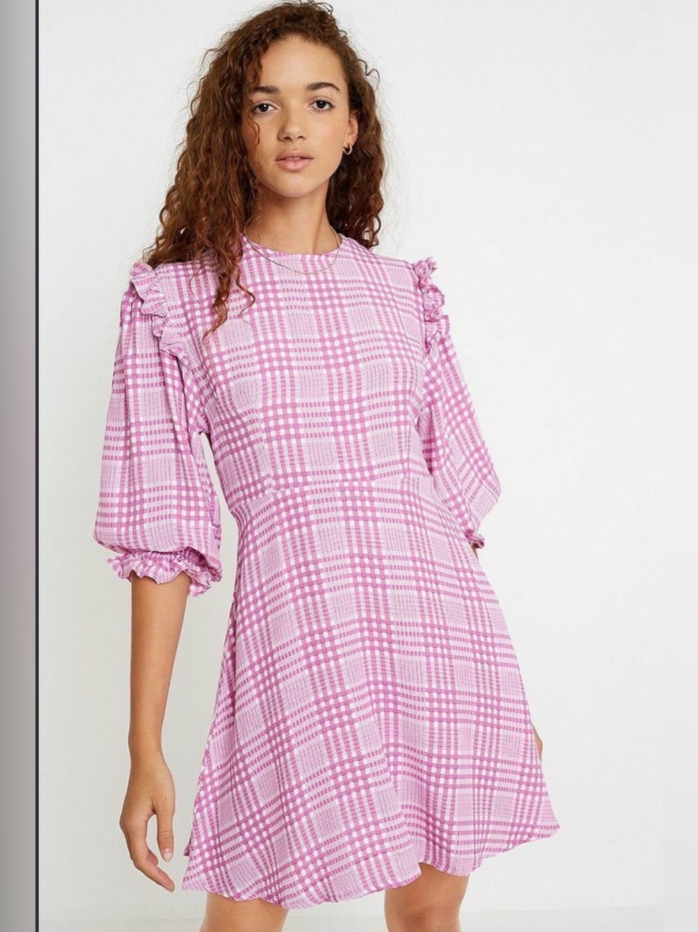 Faithfull the Brand Edwina Pink Plaid Ruffled Puff Sleeve Mini Dress size 4